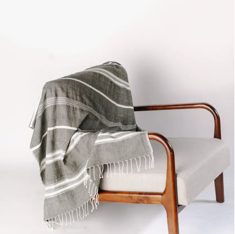 Aden Cotton Throw Blanket/ Stone and Natural